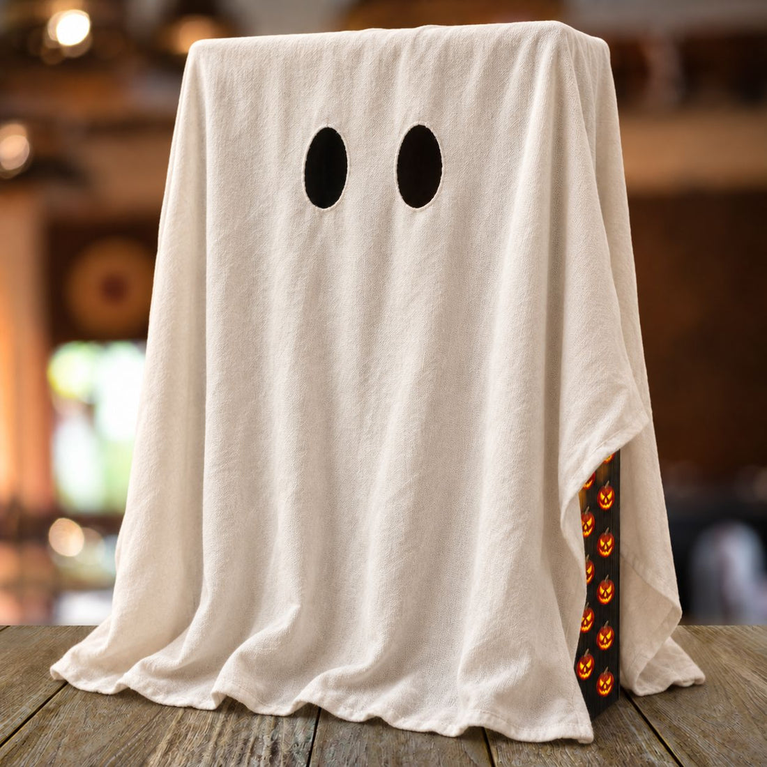 A book draped in a ghost sheet, with orange jack-o’-lantern sprayed edges peeking out